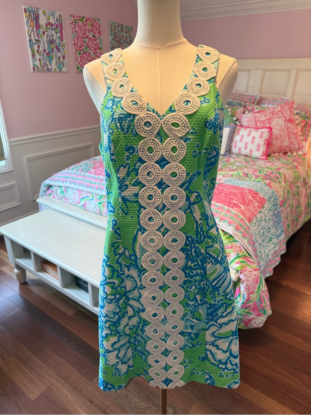 Lilly Pulitzer Green and Blue Floral Sleeveless Shift Dress with Crochet Trim